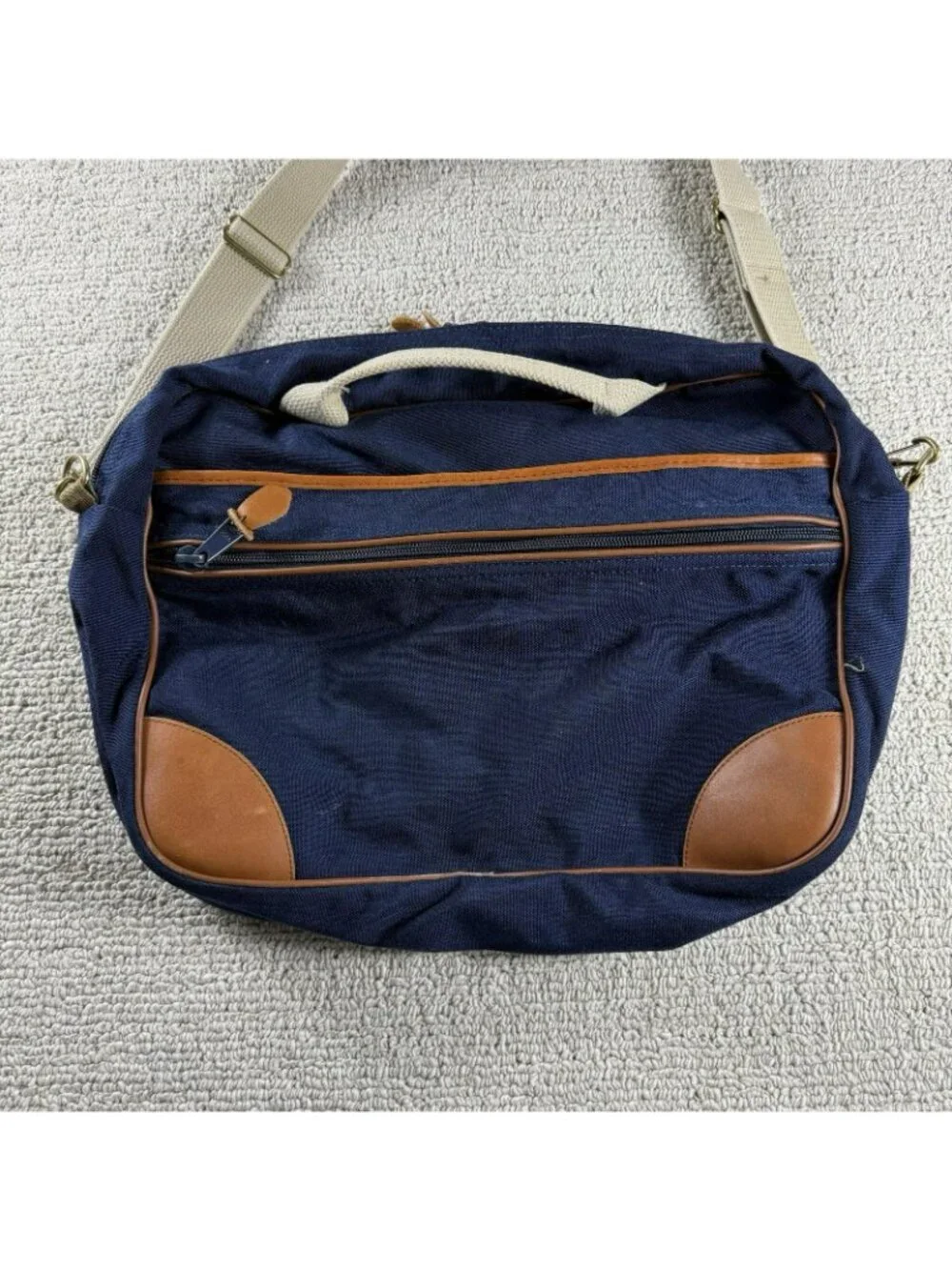 Vintage L.L. Bean Deluxe Duffel Bag Leather Trim Blue Brown